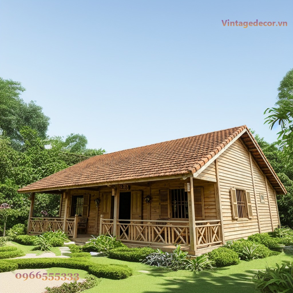 Nhà Gỗ Bungalow B13 - Hiên Dài Lan Can Gỗ Mái Ngói, Gỗ Thông Nhà Gỗ Bungalow B13 - Hiên Dài Lan Can Gỗ Mái Ngói, Gỗ Thông