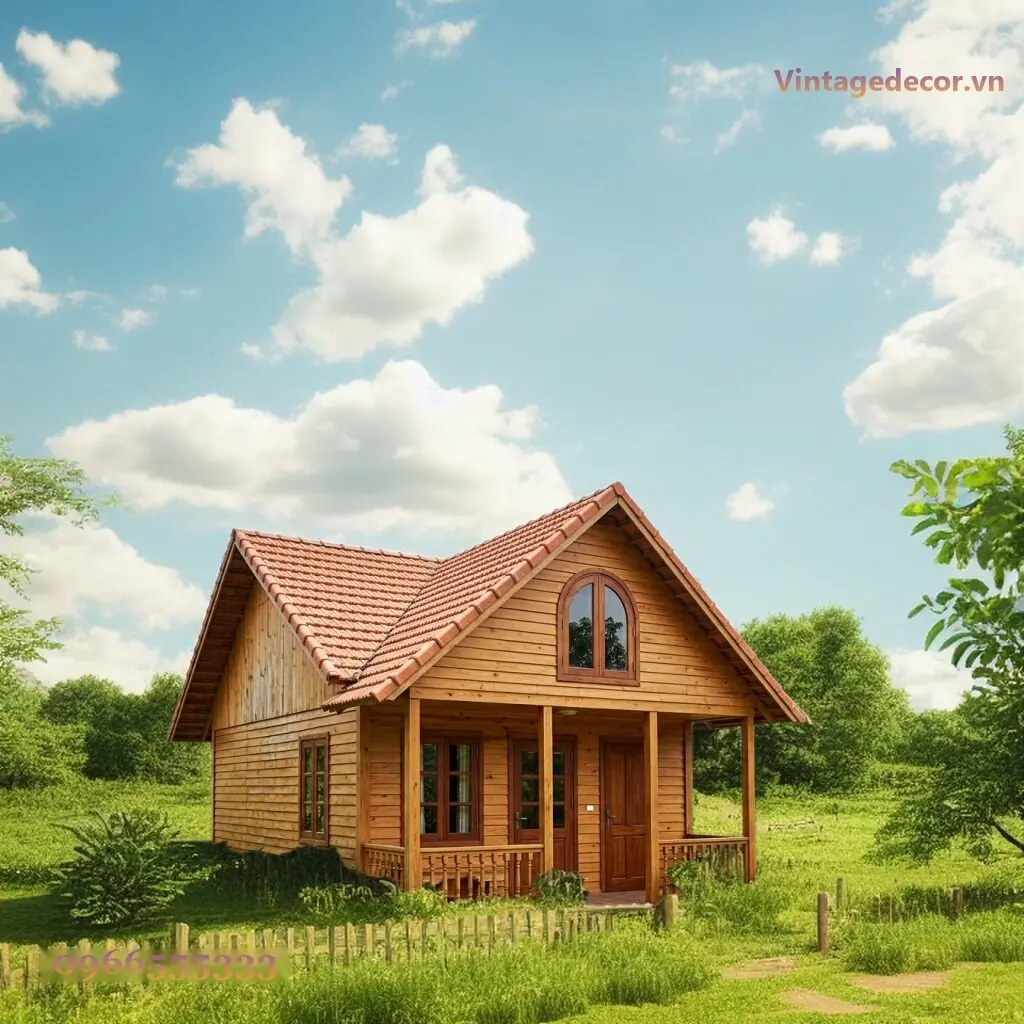 Bungalow B15: hai khối mái ngói đỏ cam, cửa sổ vòm trên đầu hồi lấy sáng cho gác, hiên bốn cột lan can con tiện