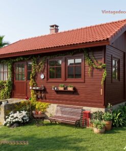 Nhà Gỗ Bungalow B17 - Mái Ngói Hiên Trước Ghế Băng, Gỗ Thông