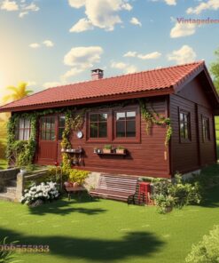 Nhà Gỗ Bungalow B17 - Mái Ngói Hiên Trước Ghế Băng, Gỗ Thông