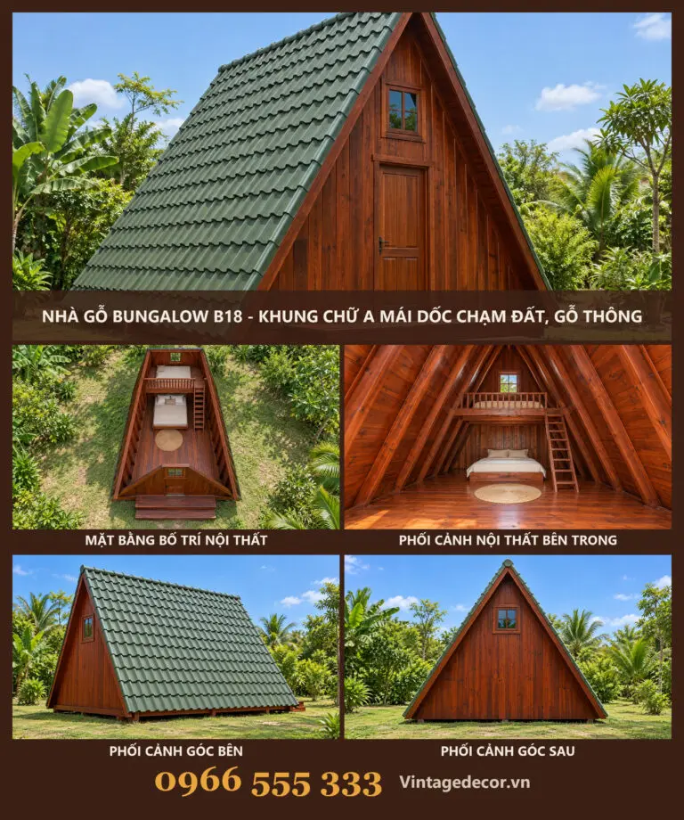 Nhà Gỗ Bungalow B18 Mái Dốc Chạm Đất