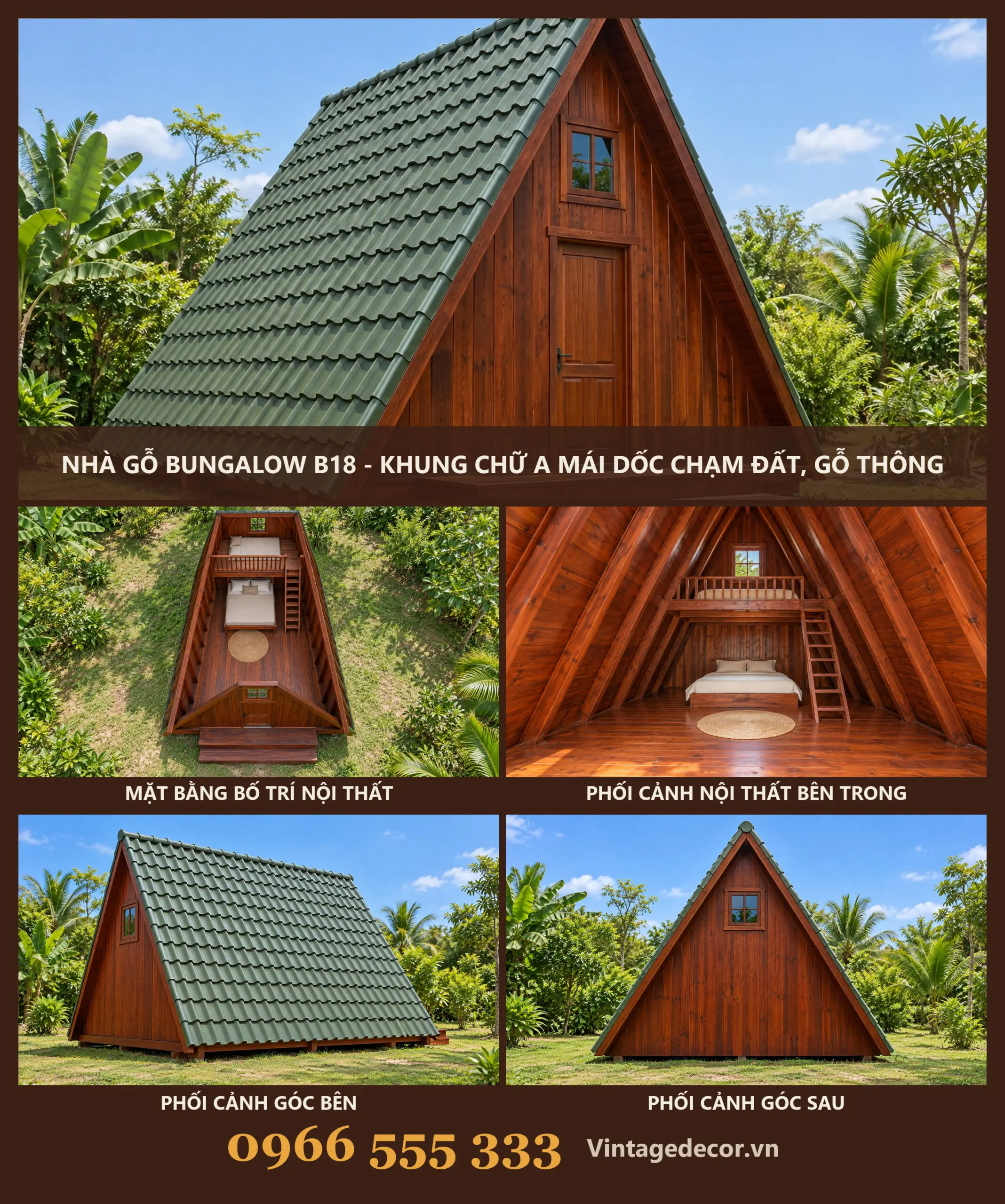Nhà Gỗ Bungalow B18 Mái Dốc Chạm Đất