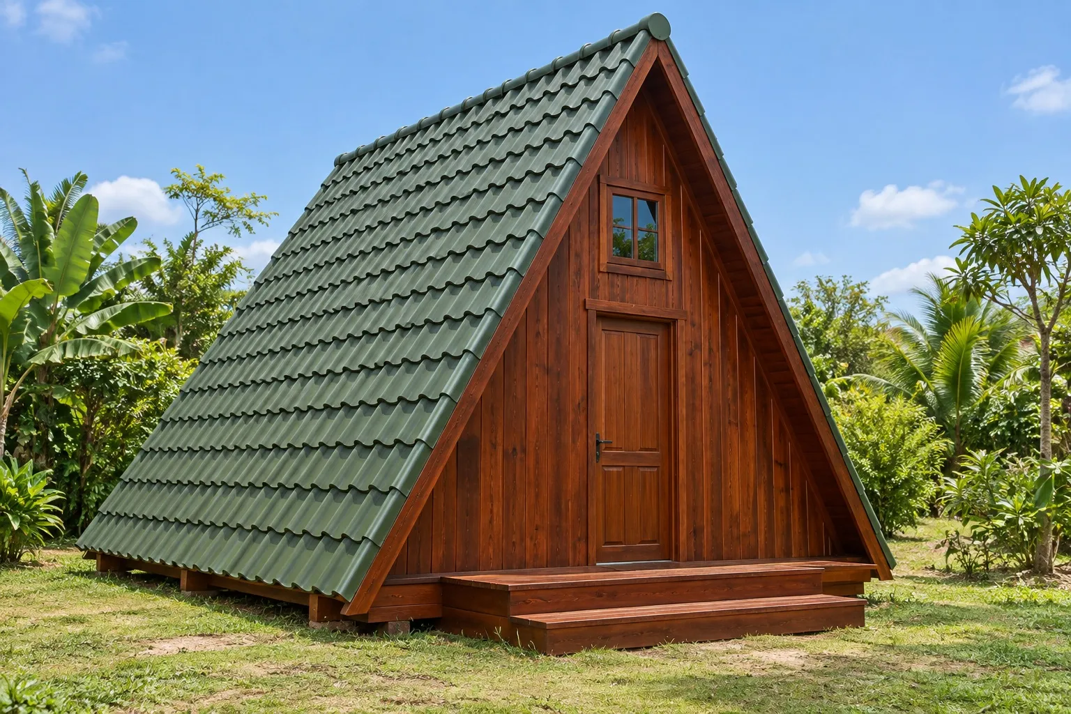 Nhà gỗ bungalow B18 chữ A: mái ngói xanh rêu kéo xuống gần mặt đất, đầu hồi ván đứng có cửa gỗ, cửa sổ nhỏ và hai bậc gỗ