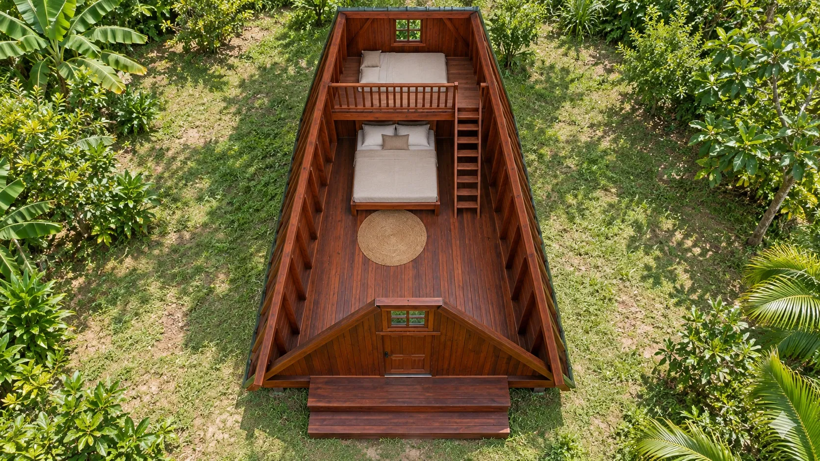 Bungalow B18 chữ A nhìn từ trên: giường đôi và thảm tròn ở tầng dưới, gác lửng có giường thứ hai, thang gỗ dựng ở cuối nhà
