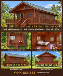 Nhà Gỗ Bungalow B19 - Nhà Sàn Cọc Gỗ Hiên Chạy Vòng, Gỗ Thông