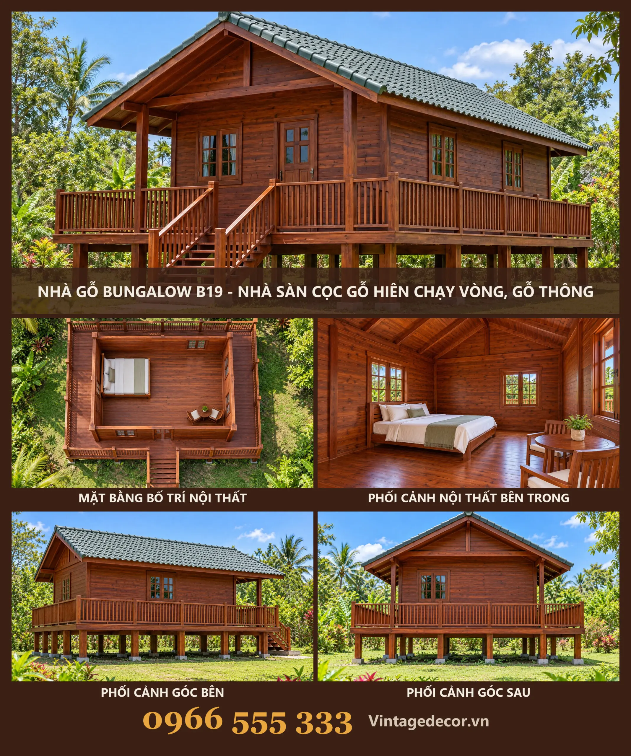 Nhà Gỗ Bungalow B19 Nhà Sàn Hiên Chạy Vòng