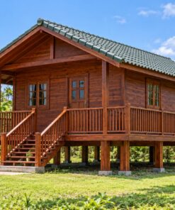 Nhà Gỗ Bungalow B19 - Nhà Sàn Cọc Gỗ Hiên Chạy Vòng, Gỗ Thông