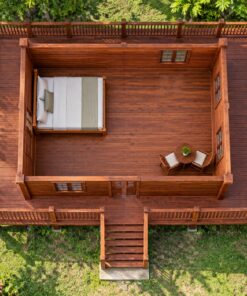 Nhà Gỗ Bungalow B19 - Nhà Sàn Cọc Gỗ Hiên Chạy Vòng, Gỗ Thông