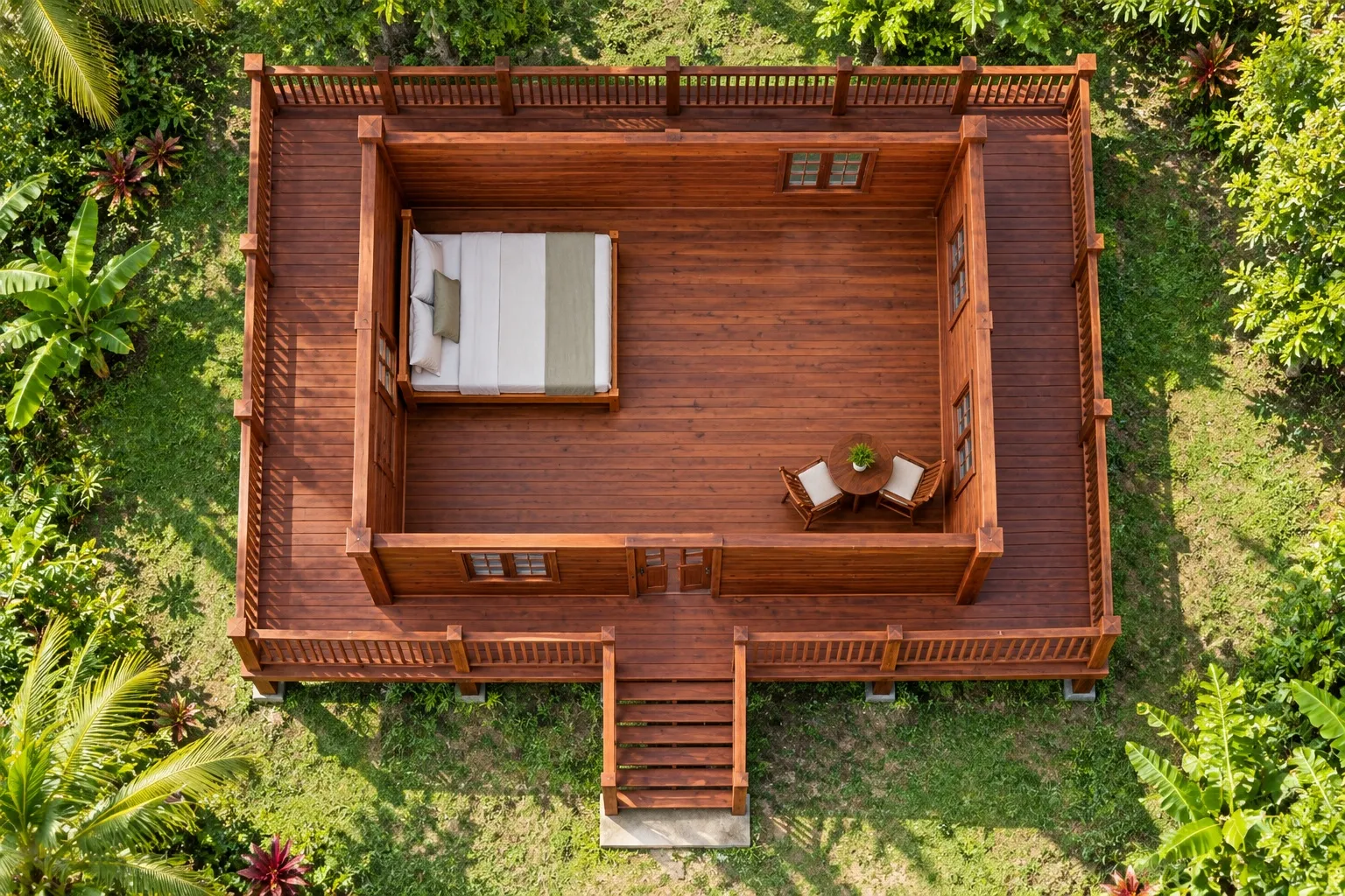 Bungalow B19 nhìn từ trên: một phòng có giường đôi và bàn tròn hai ghế, hiên lan can chạy vòng bốn mặt, cầu thang gỗ phía trước