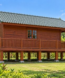 Nhà Gỗ Bungalow B19 - Nhà Sàn Cọc Gỗ Hiên Chạy Vòng, Gỗ Thông