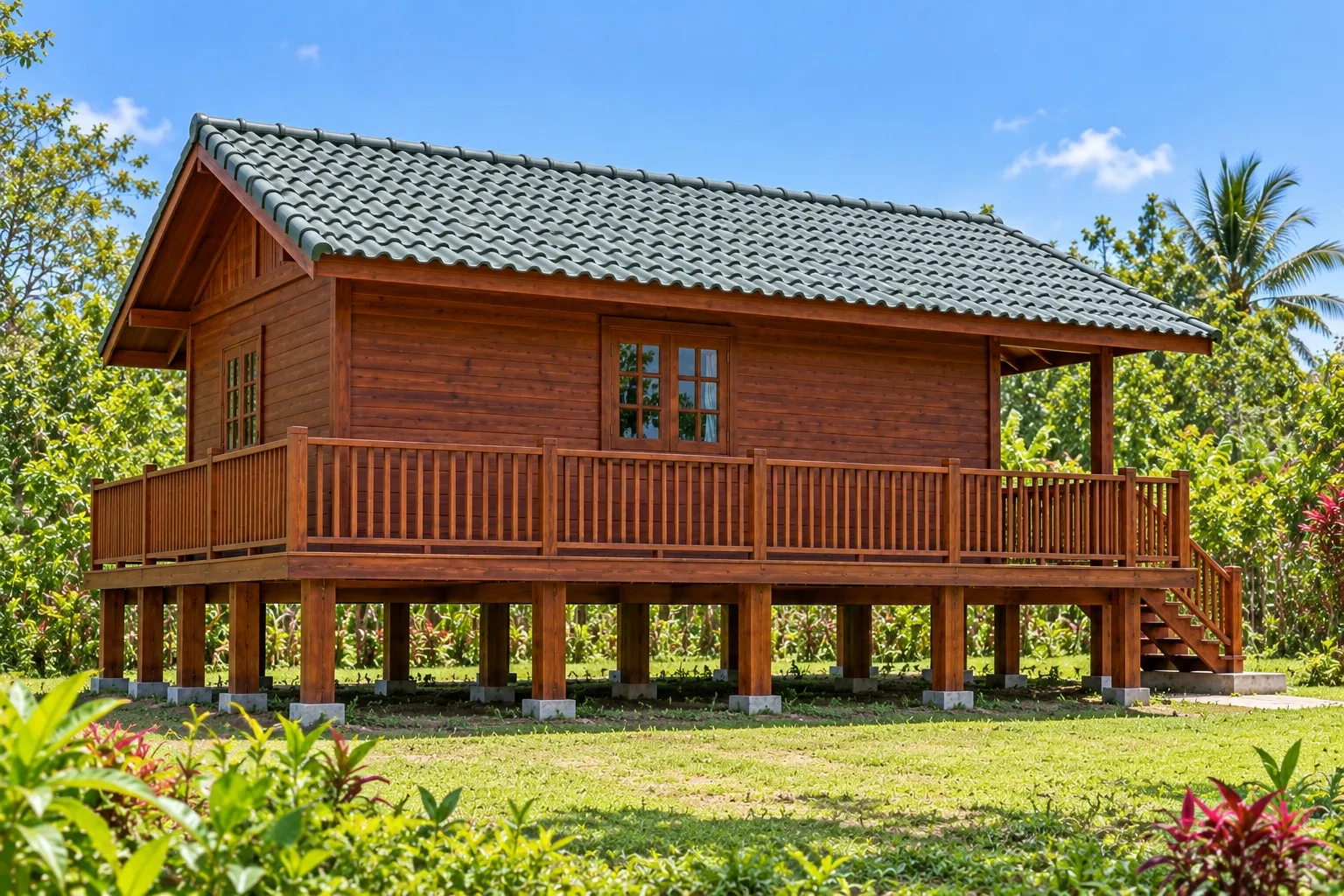 Bungalow B19 nhìn ngang: nhà sàn thấp, hàng cột gỗ ngắn đứng trên bệ, gầm trống, hiên lan can bao quanh, cầu thang ngắn ở góc