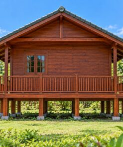 Nhà Gỗ Bungalow B19 - Nhà Sàn Cọc Gỗ Hiên Chạy Vòng, Gỗ Thông