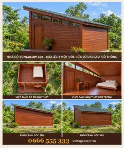 Nhà gỗ bungalow B20 mái lệch một dốc cửa sổ dải cao – ảnh ghép mặt trước, mặt bằng, nội thất, góc bên, góc sau