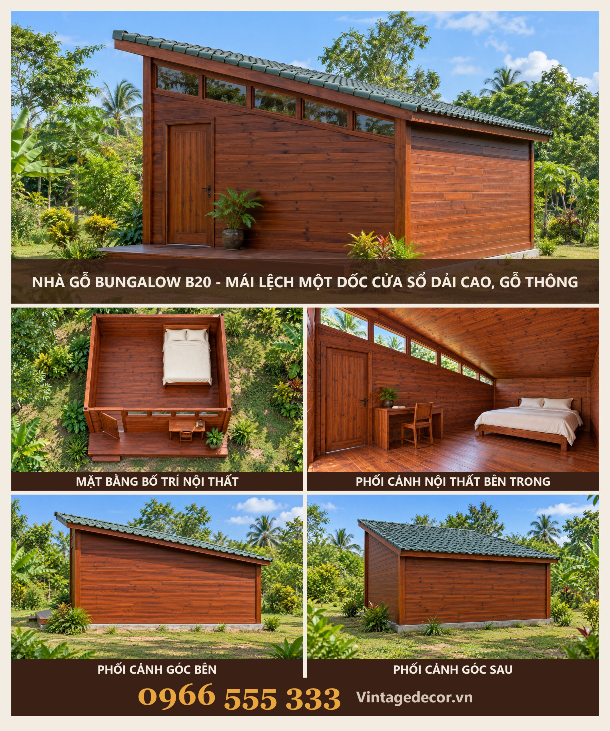 Nhà Gỗ Bungalow B20 - Mái Lệch Một Dốc Cửa Sổ Dải Cao, Gỗ Thông Nhà Gỗ Bungalow B20 - Mái Lệch Một Dốc Cửa Sổ Dải Cao, Gỗ Thông