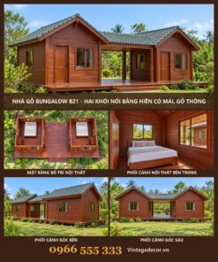 Nhà Gỗ Bungalow B21 - Hai Khối Nối Bằng Hiên Có Mái, Gỗ Thông
