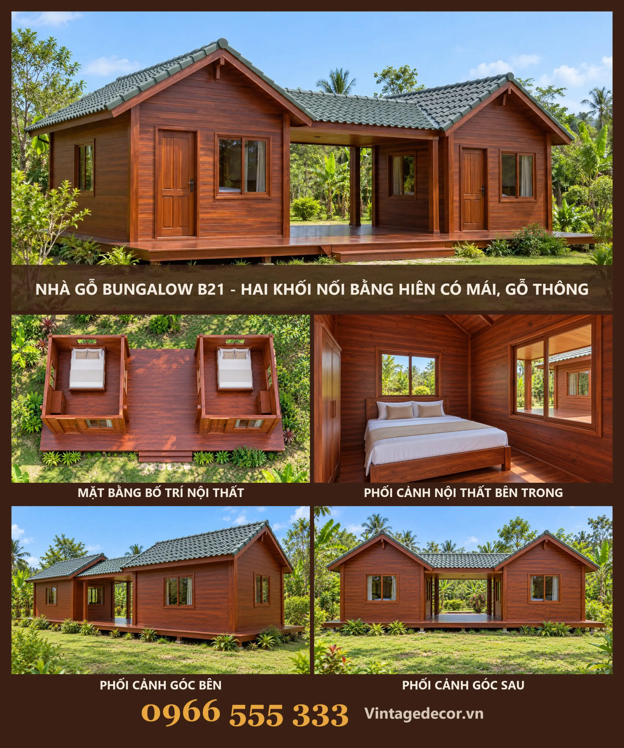 Nhà Gỗ Bungalow B21 Hai Khối Nối Bằng Hiên