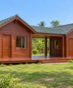 Nhà Gỗ Bungalow B21 - Hai Khối Nối Bằng Hiên Có Mái, Gỗ Thông