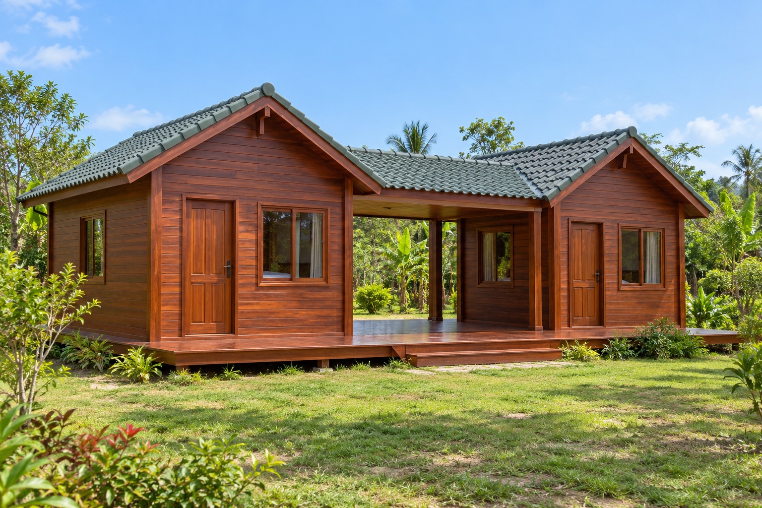 Nhà Gỗ Bungalow B21 - Hai Khối Nối Bằng Hiên Có Mái, Gỗ Thông Nhà Gỗ Bungalow B21 - Hai Khối Nối Bằng Hiên Có Mái, Gỗ Thông