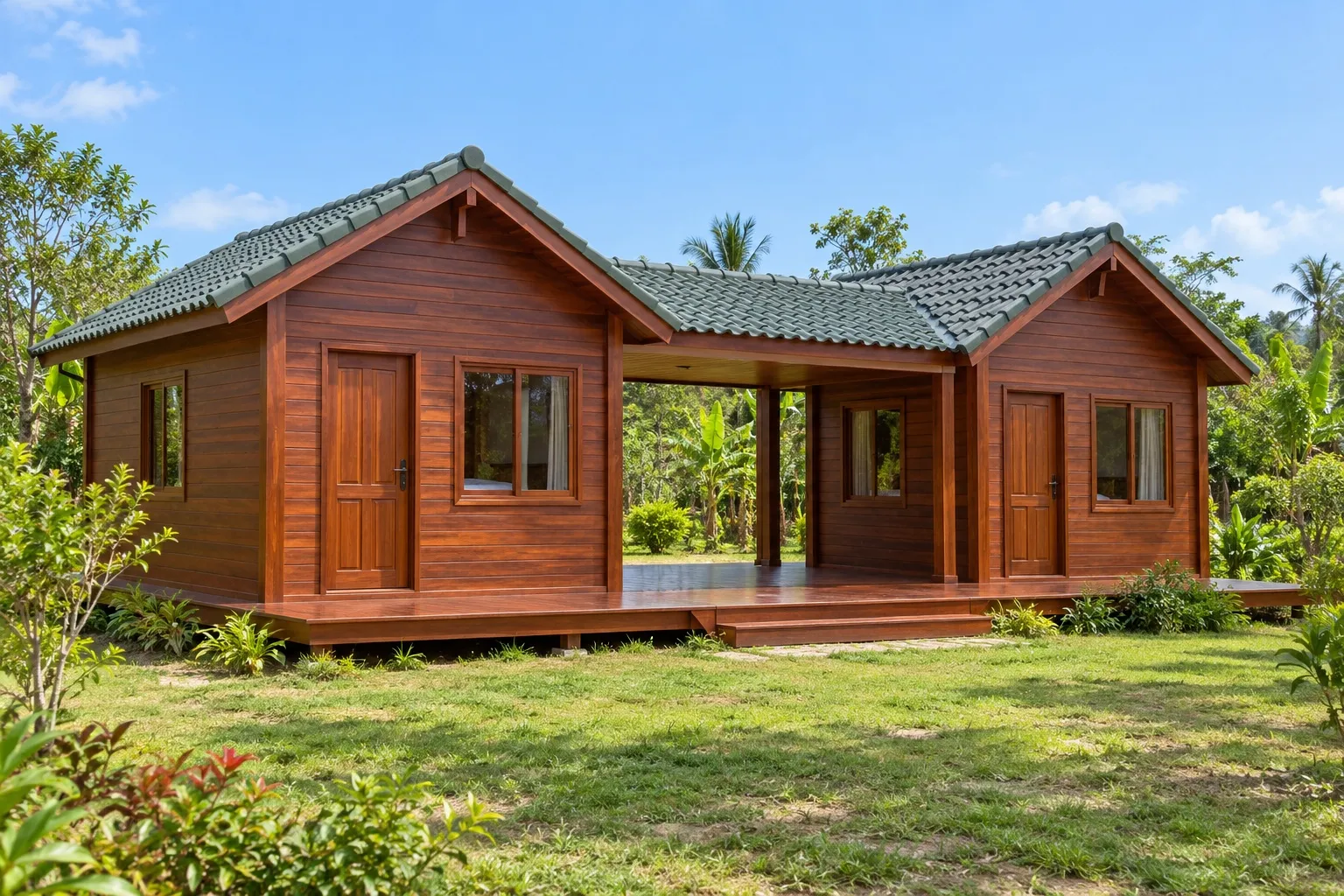 Hai khối phòng gỗ giống nhau nối bằng một hiên giữa có mái, cùng nằm trên một sàn gỗ liền, mái ngói xanh rêu
