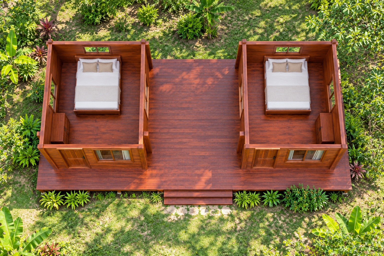 Nhà Gỗ Bungalow B21 - Hai Khối Nối Bằng Hiên Có Mái, Gỗ Thông Nhà Gỗ Bungalow B21 - Hai Khối Nối Bằng Hiên Có Mái, Gỗ Thông