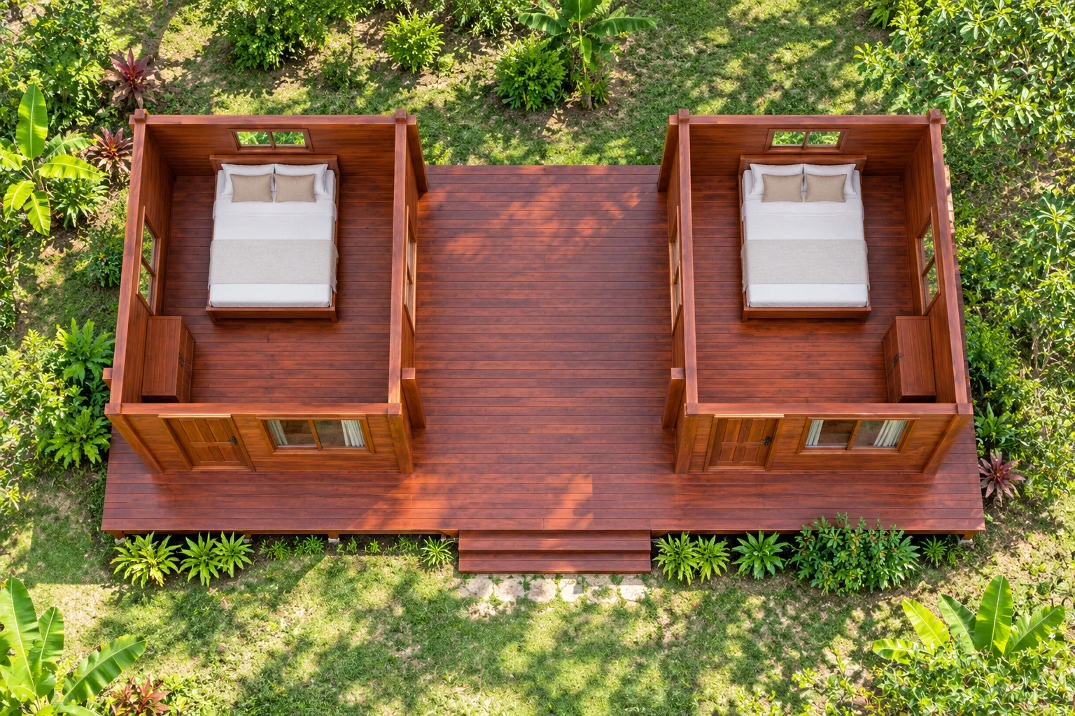 Bungalow B21 nhìn từ trên: hai phòng gỗ giống nhau, mỗi phòng một giường đôi và tủ thấp, sàn gỗ rộng nối giữa hai phòng
