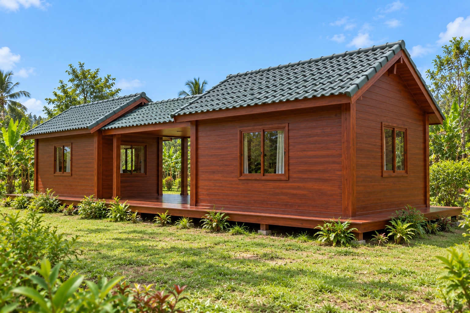 Nhà Gỗ Bungalow B21 - Hai Khối Nối Bằng Hiên Có Mái, Gỗ Thông Nhà Gỗ Bungalow B21 - Hai Khối Nối Bằng Hiên Có Mái, Gỗ Thông