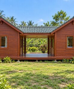Nhà Gỗ Bungalow B21 - Hai Khối Nối Bằng Hiên Có Mái, Gỗ Thông