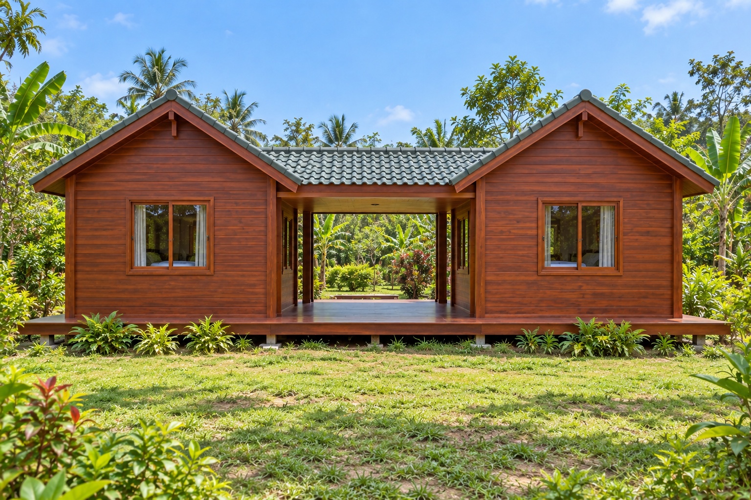 Nhà Gỗ Bungalow B21 - Hai Khối Nối Bằng Hiên Có Mái, Gỗ Thông Nhà Gỗ Bungalow B21 - Hai Khối Nối Bằng Hiên Có Mái, Gỗ Thông