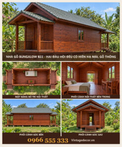 Nhà Gỗ Bungalow B22 - Hai Đầu Hồi Đều Có Hiên Hạ Mái, Gỗ Thông