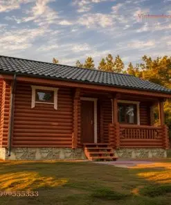 Nhà gỗ bungalow B5 cabin gỗ tròn móng đá – mặt trước lúc hoàng hôn, hiên lan can một đầu