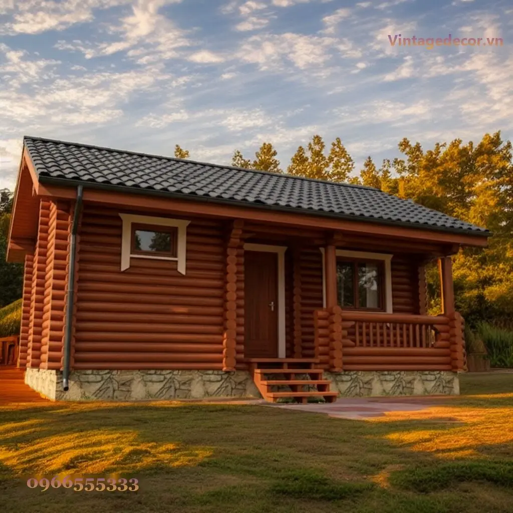 Nhà Gỗ Bungalow B5 Cabin Gỗ Tròn Móng Đá