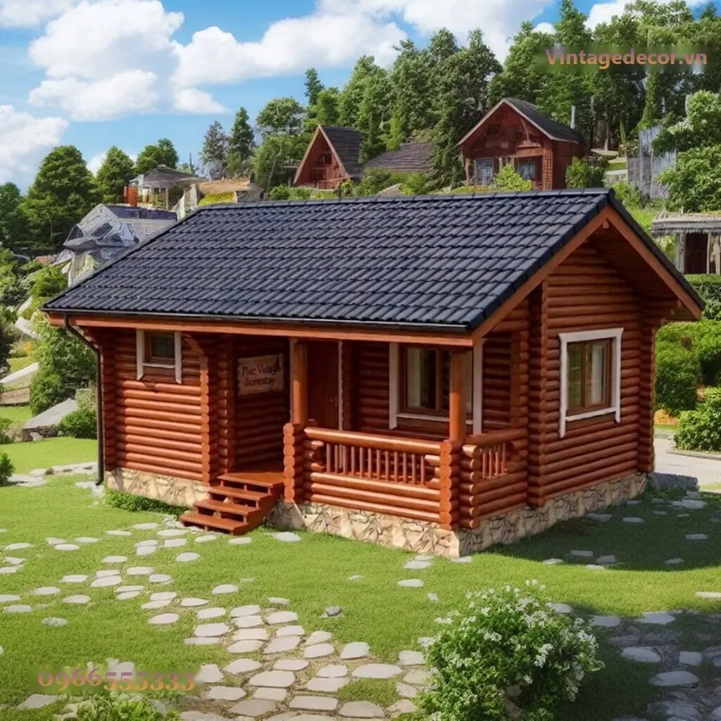 Nhà gỗ B5 vách gỗ tròn nâu đỏ, mái ngói màu than, hiên lan can một đầu, bệ đá và bậc gỗ lên cửa