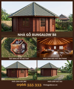 Nhà Gỗ Bungalow B8 - Bát Giác Vách Gỗ Tròn Mái Chóp Ngói Nhựa, Gỗ Thông