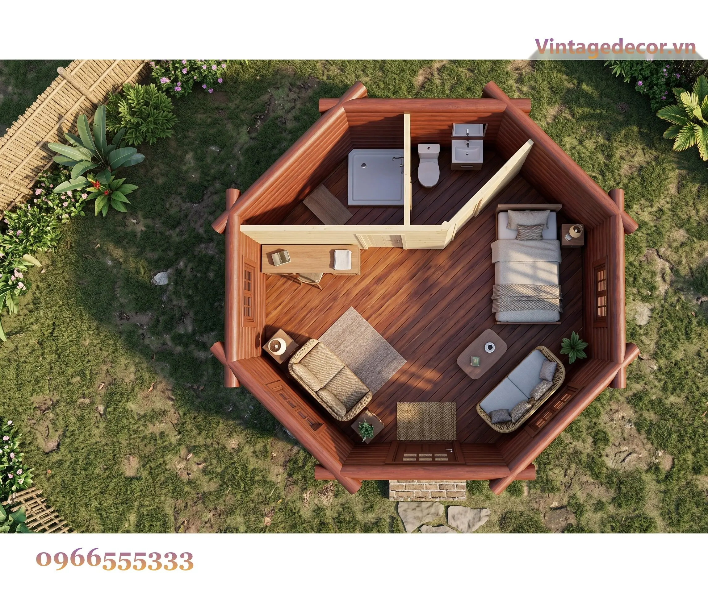 Bungalow bát giác B8 nhìn từ trên: góc tắm có khay sen, bồn cầu, lavabo ngăn bằng vách chéo, giường đôi, sofa, bàn làm việc