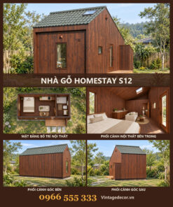 Nhà Gỗ Homestay S12 - Một Gian Mái Dốc Cửa Kính Cao, Gỗ Thông