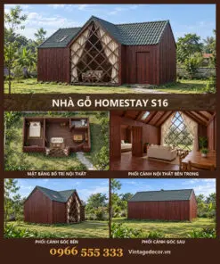 Nhà gỗ homestay S16 mặt hồi kính ô trám – ảnh ghép mặt trước, mặt bằng, phòng khách, góc bên, góc sau