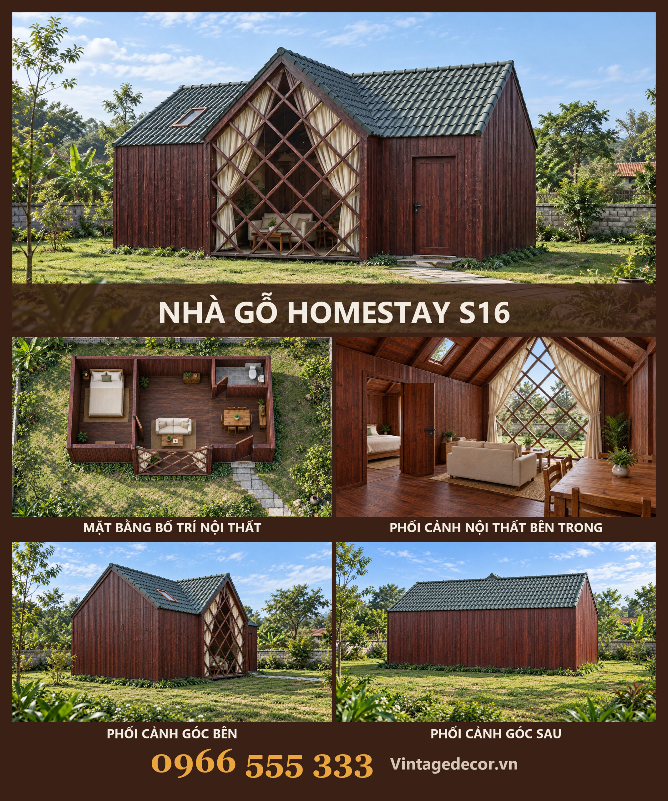 Nhà Gỗ Homestay S16 - Mặt Hồi Kính Khung Ô Trám, Gỗ Thông Nhà Gỗ Homestay S16 - Mặt Hồi Kính Khung Ô Trám, Gỗ Thông