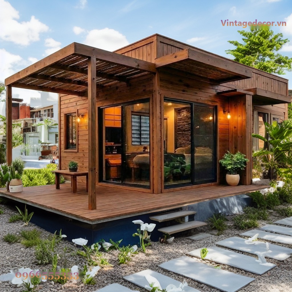 Nhà Gỗ Homestay S22 - Hiên Pergola Kính Lớn, Gỗ Thông Nhà Gỗ Homestay S22 - Hiên Pergola Kính Lớn, Gỗ Thông