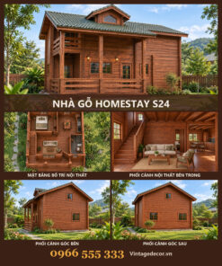 Nhà Gỗ Homestay S24 - Hai Tầng Hiên Cột Vuông Cửa Chớp, Gỗ Thông