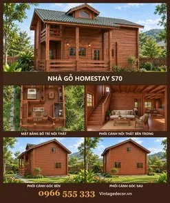 Nhà gỗ homestay S70 hai tầng hiên cột vuông – ảnh ghép mặt trước, mặt bằng, phòng khách, góc bên, góc sau