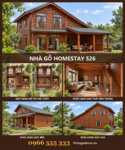 Nhà Gỗ Homestay S26 - Hai Tầng Ban Công Dài Hiên Lát, Gỗ Thông