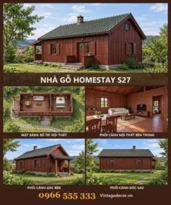 Nhà gỗ homestay S27 mái dốc bậc thềm đá – ảnh ghép mặt trước, mặt bằng, phòng khách, góc bên, góc sau