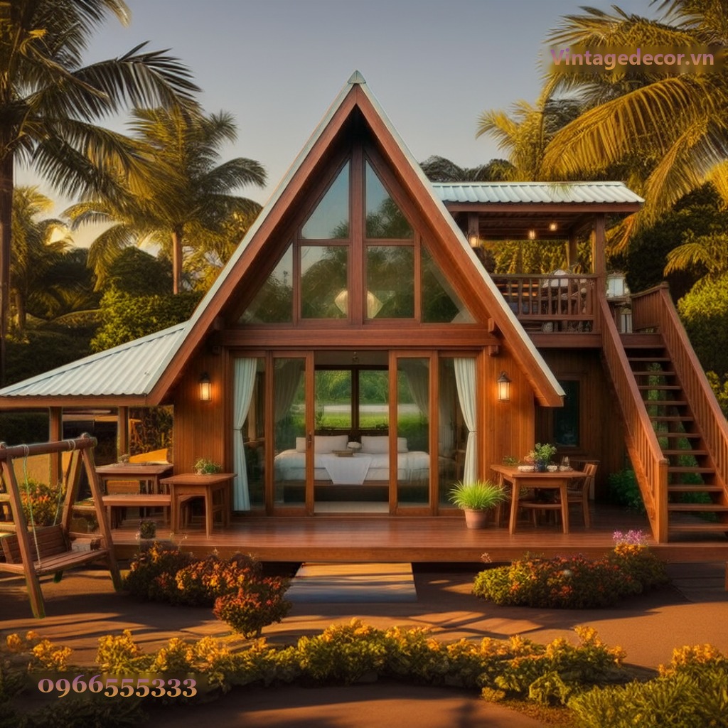 Nhà Gỗ Homestay S29 - Mái A-Frame Gác Lửng, Gỗ Thông Nhà Gỗ Homestay S29 - Mái A-Frame Gác Lửng, Gỗ Thông