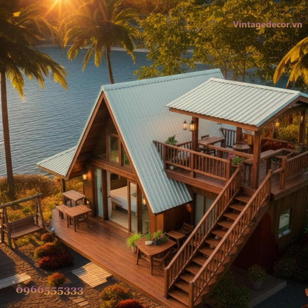 Nhà Gỗ Homestay S29 - Mái A-Frame Gác Lửng, Gỗ Thông Nhà Gỗ Homestay S29 - Mái A-Frame Gác Lửng, Gỗ Thông