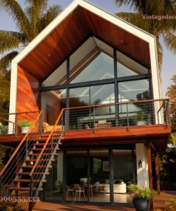Nhà Gỗ Homestay S30 - Hai Tầng Mái Nhọn Kính Lớn, Gỗ Thông