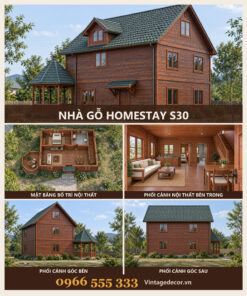 Nhà Gỗ Homestay S30 - Hai Tầng Khối Vuông Có Chòi Nhỏ, Gỗ Thông