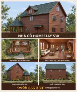 Nhà gỗ homestay S30 hai tầng có chòi nhỏ – ảnh ghép mặt trước, mặt bằng, gian chung, góc bên, góc sau