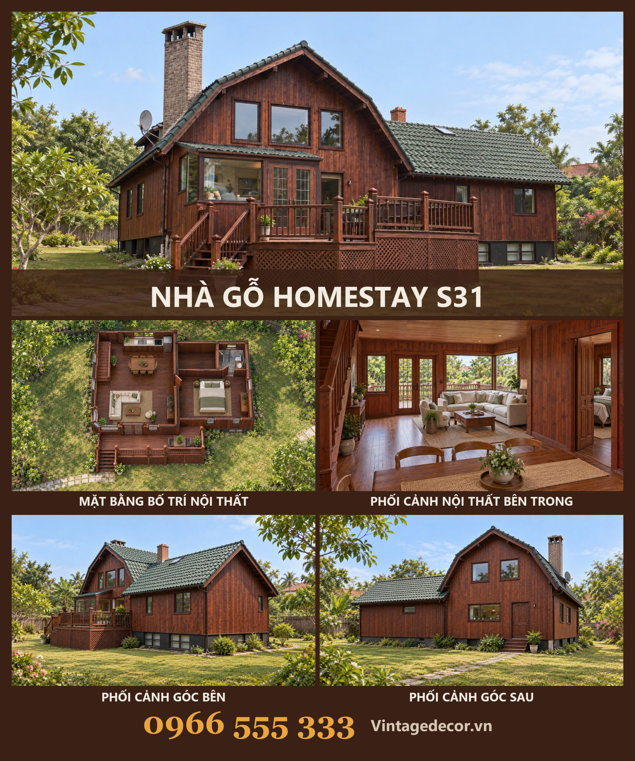Nhà Gỗ Homestay S31 - Hai Tầng Sàn Deck Rộng Ống Khói Gạch, Gỗ Thông Nhà Gỗ Homestay S31 - Hai Tầng Sàn Deck Rộng Ống Khói Gạch, Gỗ Thông