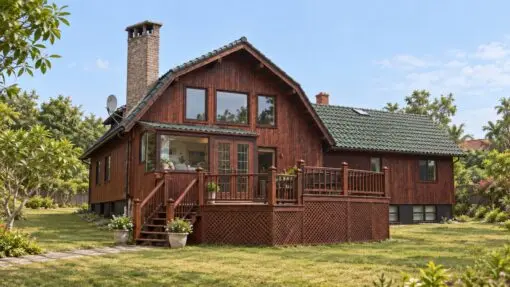 Nhà Gỗ Homestay S31 - Hai Tầng Sàn Deck Rộng Ống Khói Gạch, Gỗ Thông Nhà gỗ homestay S31 – vách ván đứng nâu đỏ, ống khói gạch, deck rộng lan can song tiện