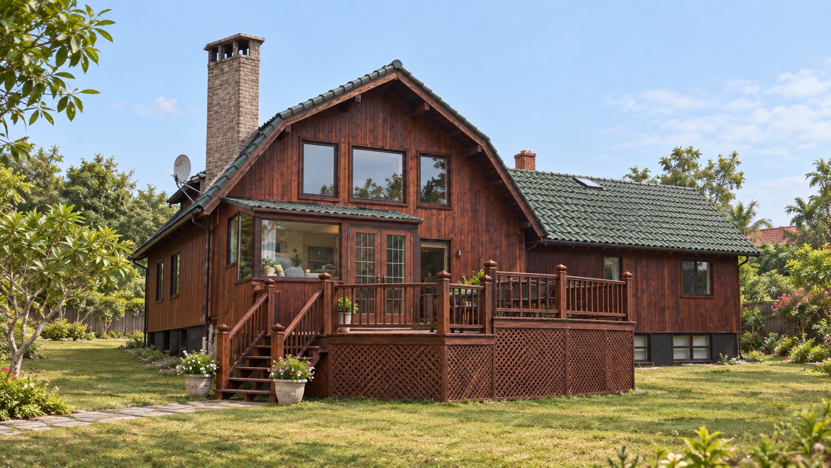 Nhà Gỗ Homestay S31 - Hai Tầng Sàn Deck Rộng Ống Khói Gạch, Gỗ Thông Nhà Gỗ Homestay S31 - Hai Tầng Sàn Deck Rộng Ống Khói Gạch, Gỗ Thông